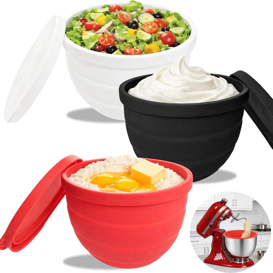 3Pcs Foldable Silicone Bowl Liners for KitchenAid Tilt-Head 5QT Mixer,Mixing Bowls Insert with LidsDishwasher-Safe Food-Grade for Stand Mixer Accessories and Attachments(Red,White and Black)