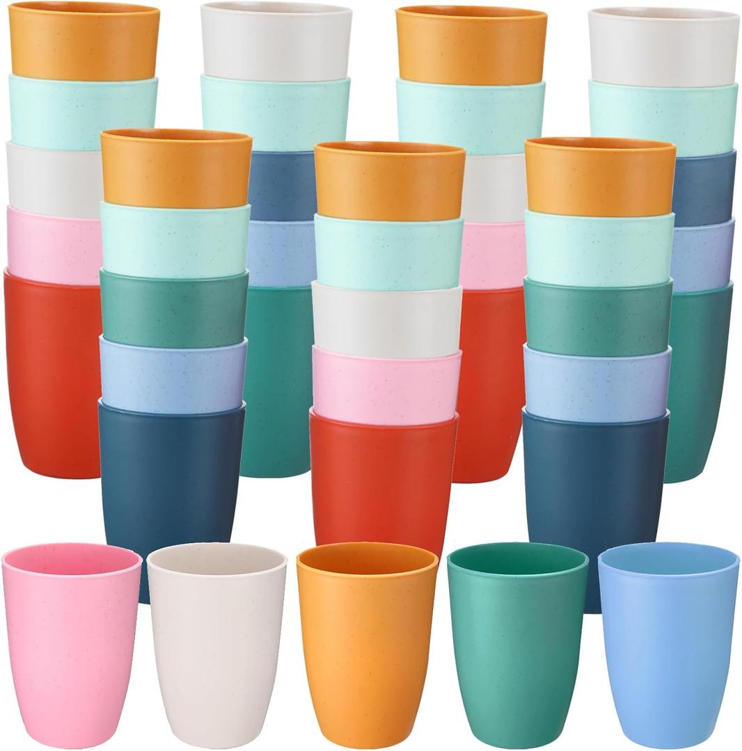 Patelai 48 Wheat Straw Plastic Cups 12 oz Reusable Glasses Set Unbreakable Plastic Tumblers Dishwasher Safe for Smoothies, Water (8 Colors)