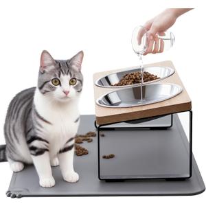 Upgraded Elevated Cat Bowls with Food Mat,15Tilted Stand Anti Vomiting Raised Cat Dishes for Food and Water,2 Stainless Steel Bowls for Cats and Puppy
