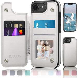 DJDUCK Designed for iPhone 16e 6.1"/iPhone 17e 6.1" Case Wallet with Card Holder, [Magnetic Clasp Cover] [RFID Blocking Leather Protection] Shockproof Women Men Cases 6.1 Inch for Apple 16e White