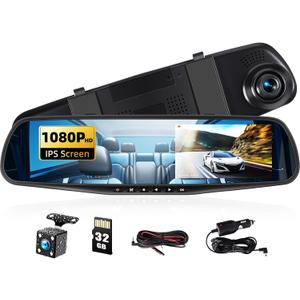 Mirror Dash Cam 4.5 Inch Rear View Mirror Camera 1080P Front and 480P Rear View Dual Cameras with 32G Card, Motion Detection, Night Vision, Parking Assistance, Loop RecordingExposure Adjustment