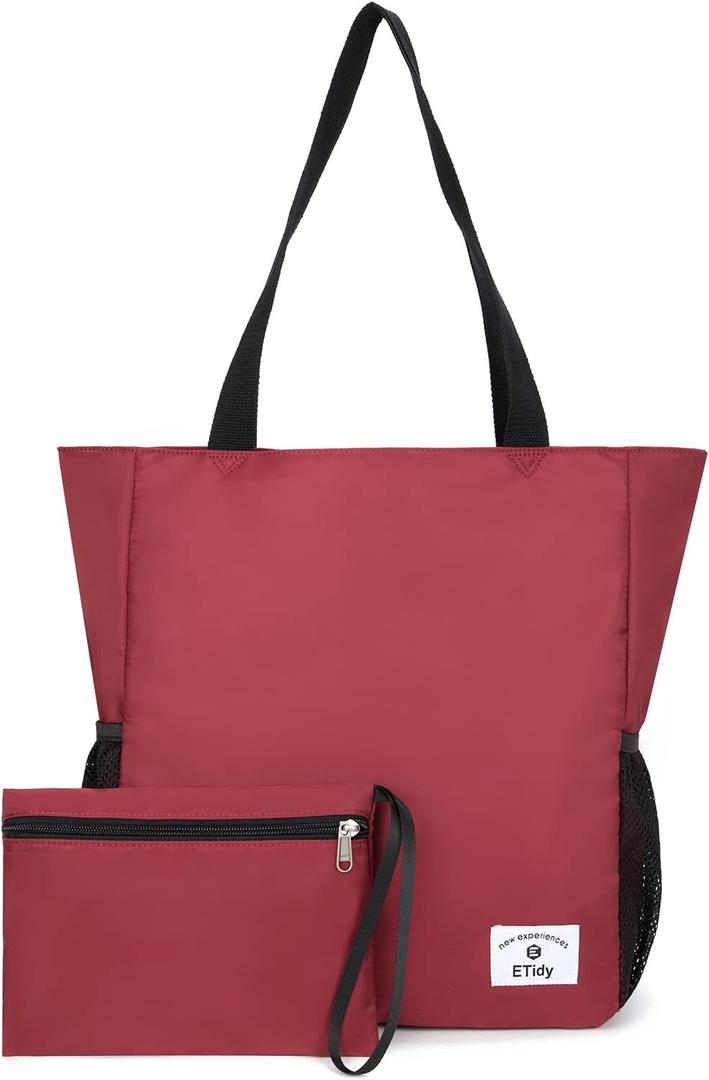 ETidy Large Capacity Foldable Tote Bag With Zipper Water-resistant SandproofWomen Beach Bag Handbag GymBag Travel ShoppingBag (Burgundy)