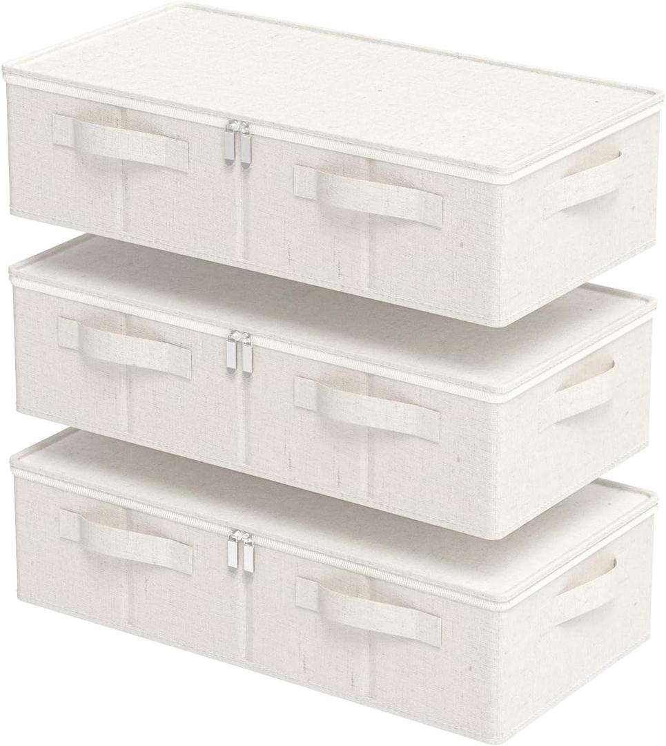 Underbed Storage Box Organizer, Foldable Under Bed Clothes Bags Container, Flat Bins with Lid for Organizing Clothes, Sheets, Blankets, Comforter, 23.6x11.8x5.9in, Beige, 3 Pack