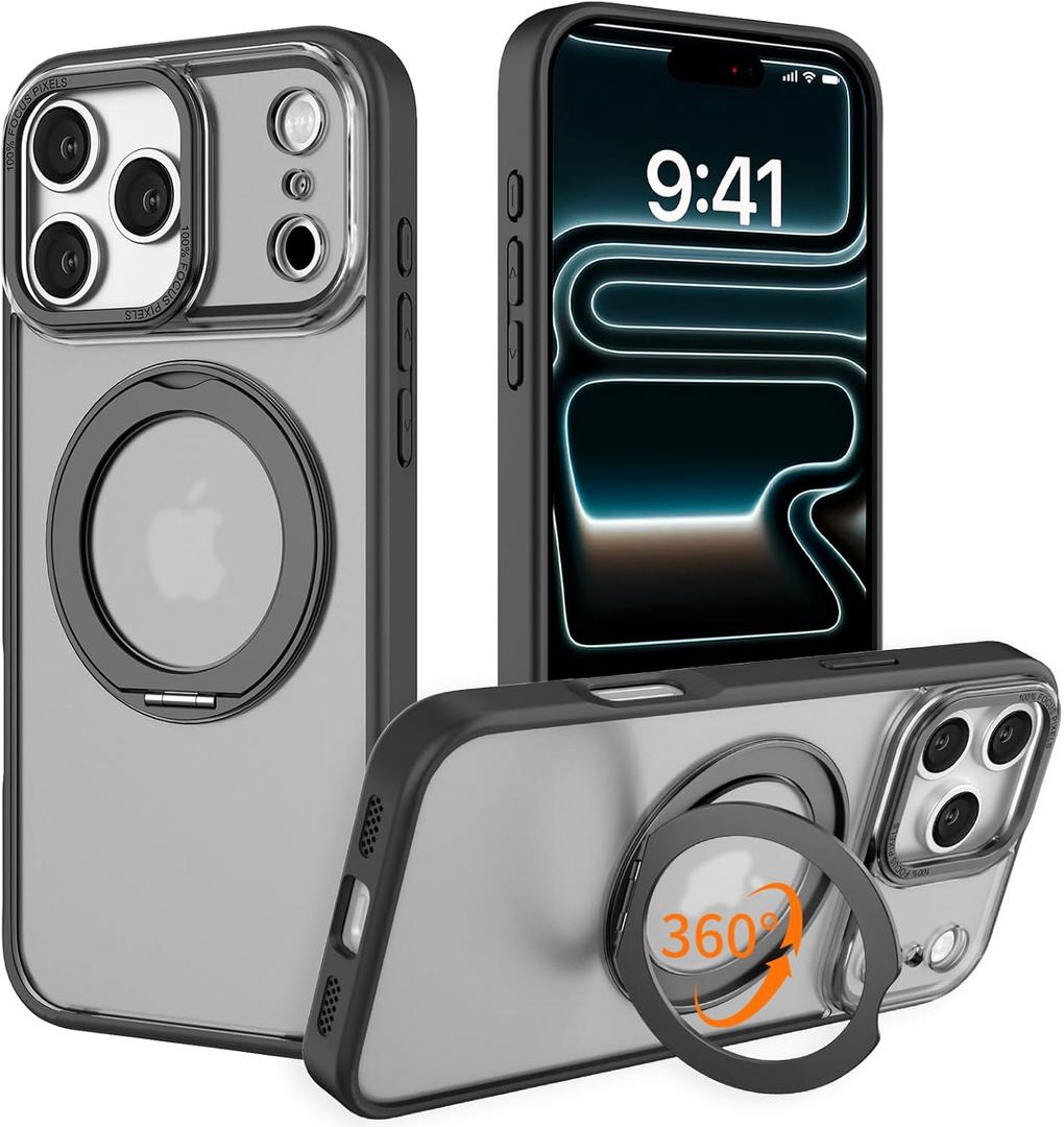 IYH 360 Rotatable Magnetic Case for iPhone 17 Pro Max, Military-Grade Shockproof Phone Cover with Matte Translucent Back(Black)