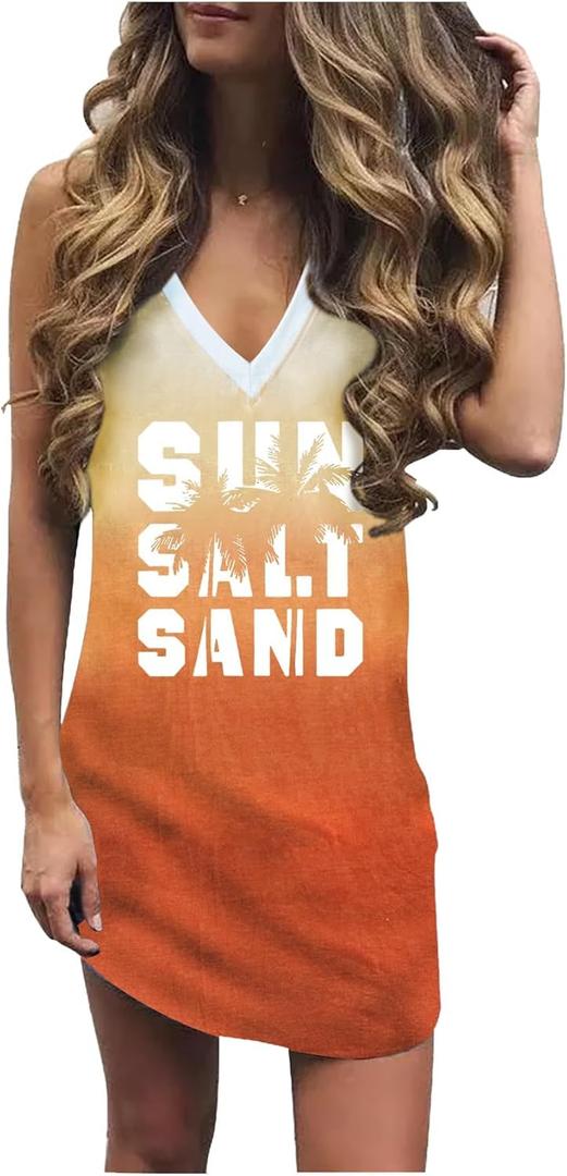 Live Simple Coconut Tree Sleeveless Dress Sunshine Sand Beach Women's Summer Casual V Neck Mini Dress (Large, Orange)