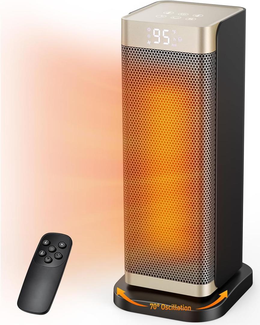 Space Heaters for Indoor Use, 1500W Electric Heater with Thermostat, 70 Oscillation, Remote Control, 3 Modes, 12H Timer, Portable Heater for Bedroom, Office, Home - Gold