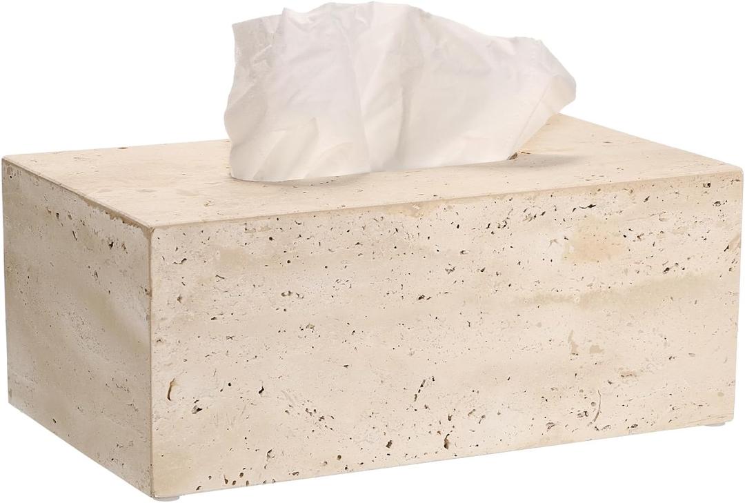 Sumnacon Rectangular Tissue Box Cover Natural Travertine Tissue Cover with Pads,Heavy Duty Stone Tissue Box Holder,Gorgeous Tissue Holder for Toilet Bathroom Kitchen Living Room Table,Light Beige
