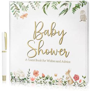 Baby Shower Leather Guest Book with Pen 112 Pages Thanksgiving Day Guestbook Baby Shower Sign in Guest Book with Birth Date Name Wishes Advice Gift for Parents(Floral)