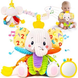 Baby Toys 3-6 Months, Musical Stuffed Elephant Toddler Toy for Newborn Infant 3 6 9 12 Months, Tummy Time Toys Montessori Sensory Toys 0-6 6-12 Months, Crinkle Paper, Mirror Soothing Music Shower Gift (Beige)