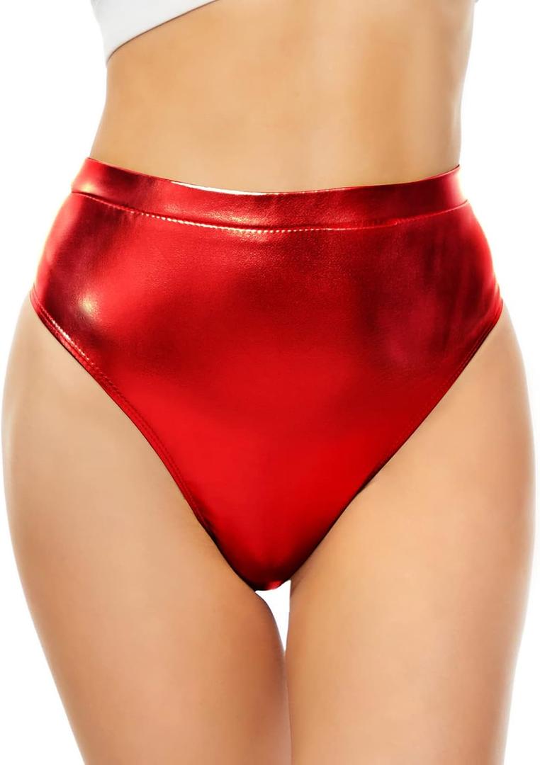 Kepblom Women's Thong Metallic Rave Bottoms Shiny High Waisted Panties for Festival Clubwear Dancing (Red), Small