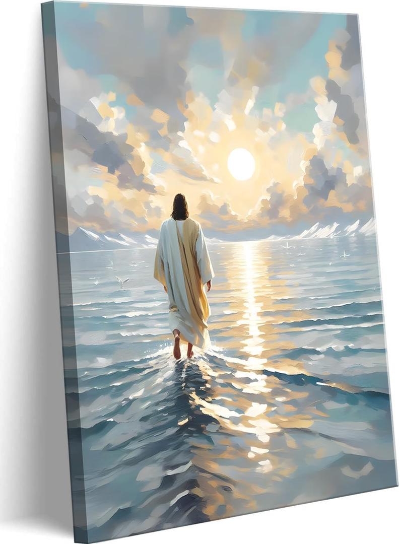 Jesus Walking On Water Canvas Wall Art Christian God Wall Decor Picture Religious Spirit Faith Poster Print for Living room Bedroom Church Decoration, 12x16in