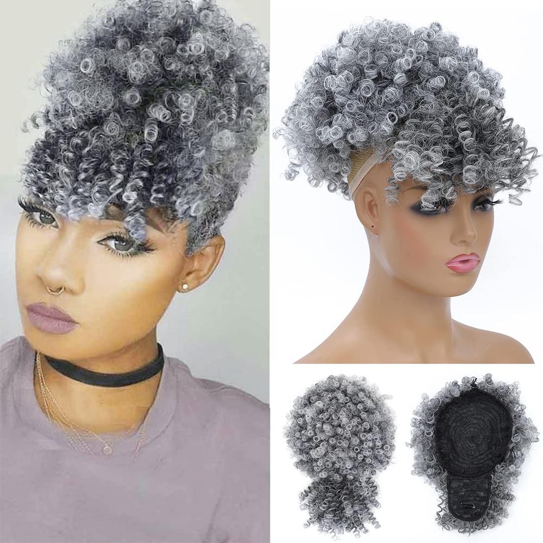 Afro Puff Drawstring Ponytail with Curly Hair Pieces Clip in Bangs Short Ponytail Hair Extensions drawstring ponytail for Black Women (Tgrey)