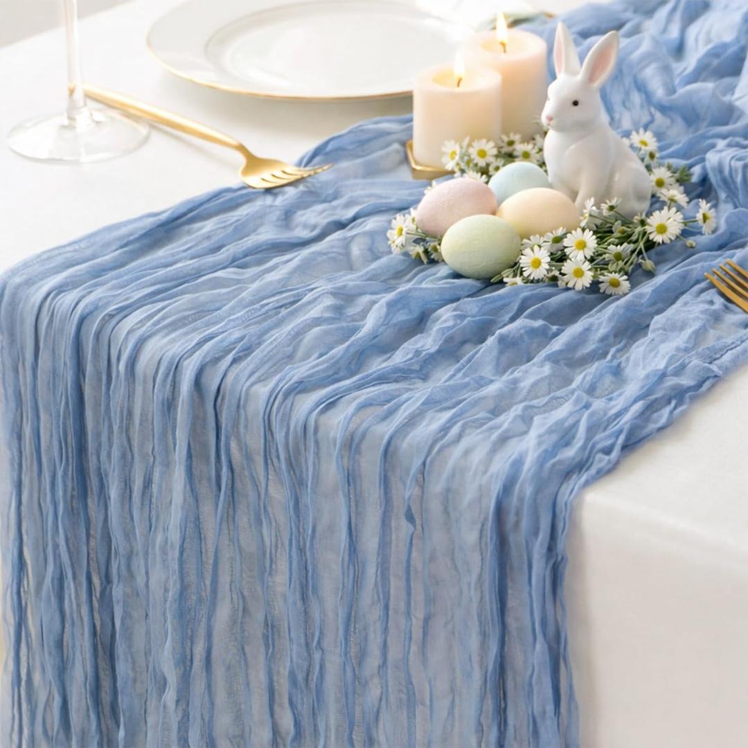 Sioloc Dusty Blue Cheesecloth Table Runner 120'' x 35'',Spring Easter Decor Soft Gauze Boho Wedding Table Decor for 10ft Table Birthday Party,Baby Shower, Bridal Shower, Home & Event Decor (1pc)