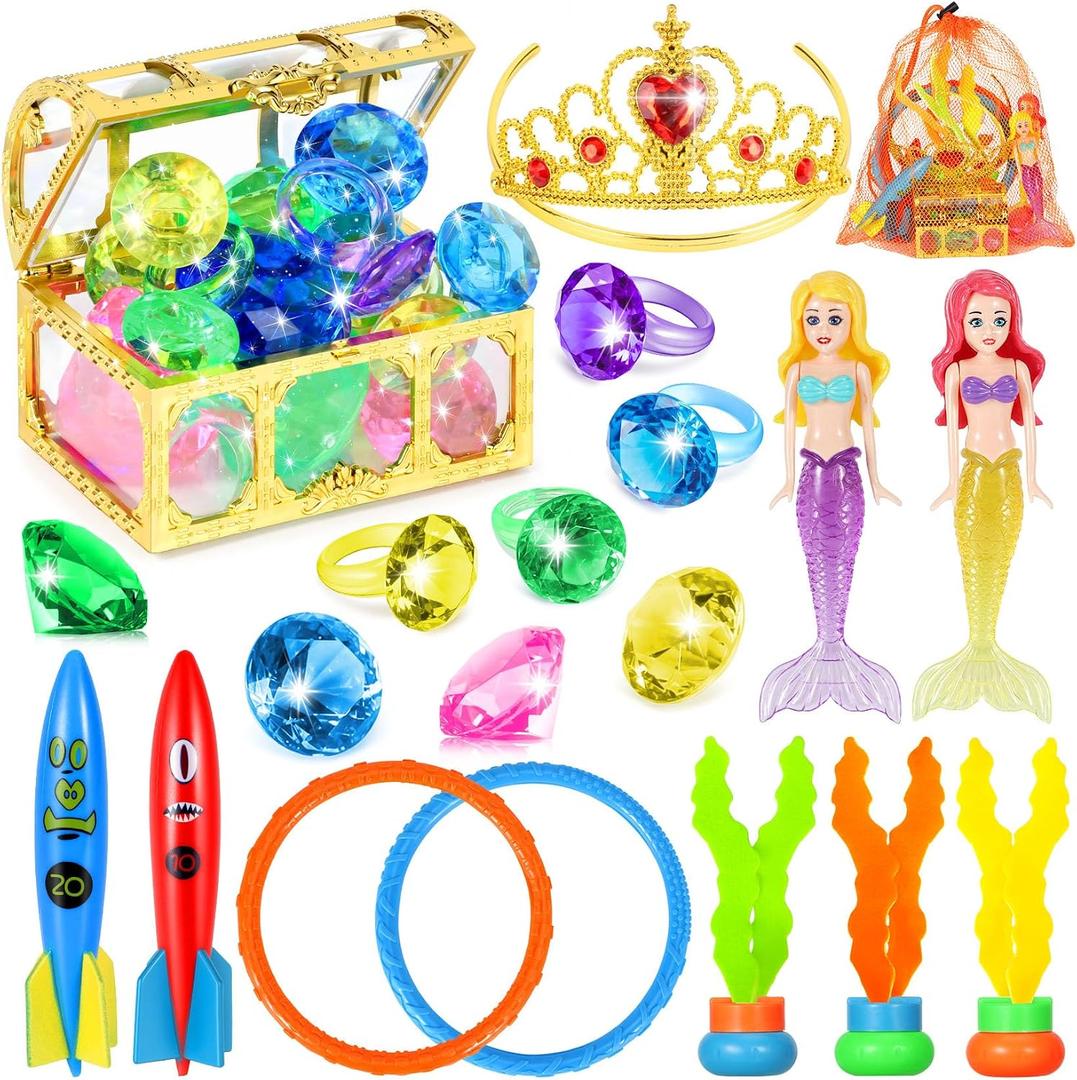 VGOFUN Diving Pool Toys for Kids Ages 3-12, 21 Pcs Mermaid Pool Toys with Golden Pirate Treasure Chest, Summer Underwater Game Toys Pool Dive Torped Rings Gems Swim Toy with Storage Bag for Girls Boys