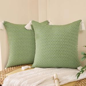 Tosleo Boho Spring Decorative Throw Pillow Covers 20 x 20 Set of 2 Farmhouse Cute Stripe Pillowcase with Tassels Minimalist Neutral Green Woven Square Cushion Case for Sofa Couch Bedroom Living Room