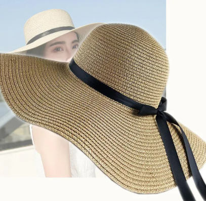 Women's Straw Hat Summer Beach Sun Hat Floppy & Foldable with Large Wide Brim & Bowknot Ribbon UPF50 (Large, 1 Pack Beige)