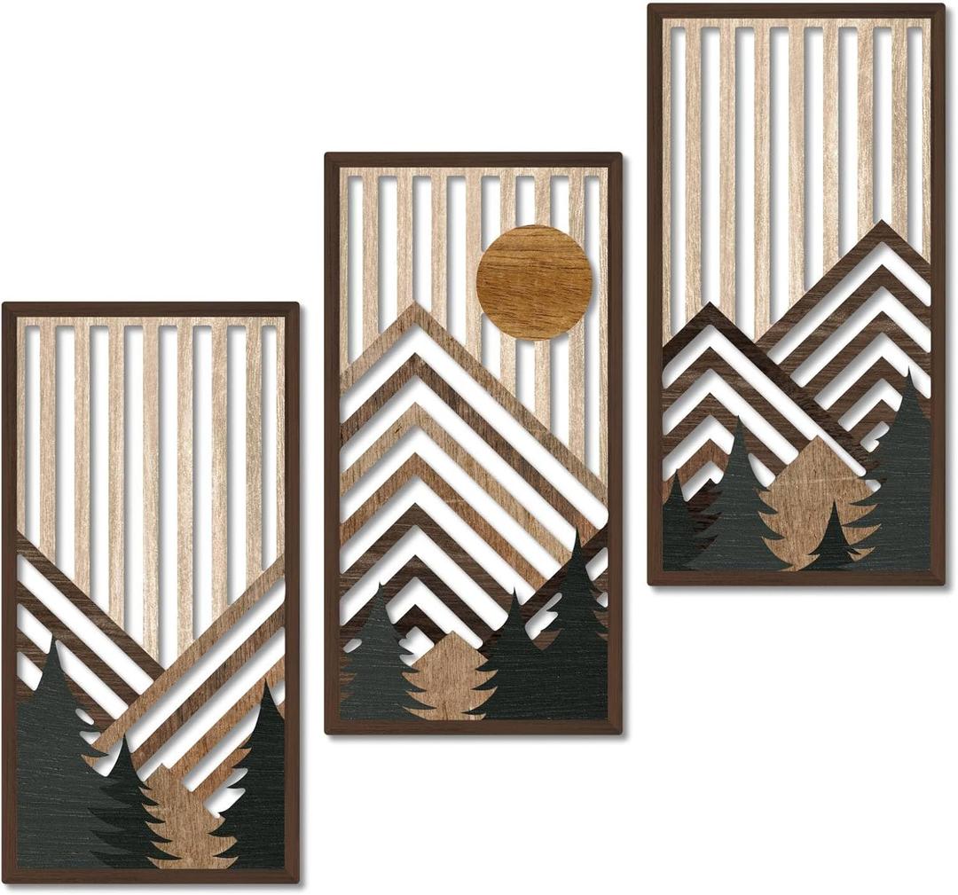 Putuo Decor Boho Mountain Wall Art Set of 3, Rustic Wooden Wall Decor, Nature-Inspired Geometric Artwork, Mid-Century Modern Aesthetic for Living Room, Bedroom, Office Brown 16.5 x 8.6 inch