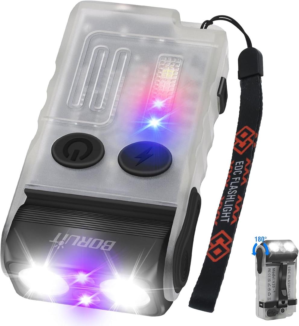 BORUIT V20 LED Small Powerful EDC Flashlight with 365nm UV Light,180Head Swivels,Super Bright USB C Rechargeable Mini Pocket Keychain Flash Light with Clip-13 Mode,IP67,Magnetic,110DB Buzzer(White)
