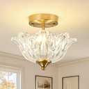 Semi Flush Mount Ceiling Light, Gold Vintage Light fixtures with Floral Clear Glass Shade, Modern Close-to-Ceiling Lighting for Bedroom Kitchen Living Room Hallway