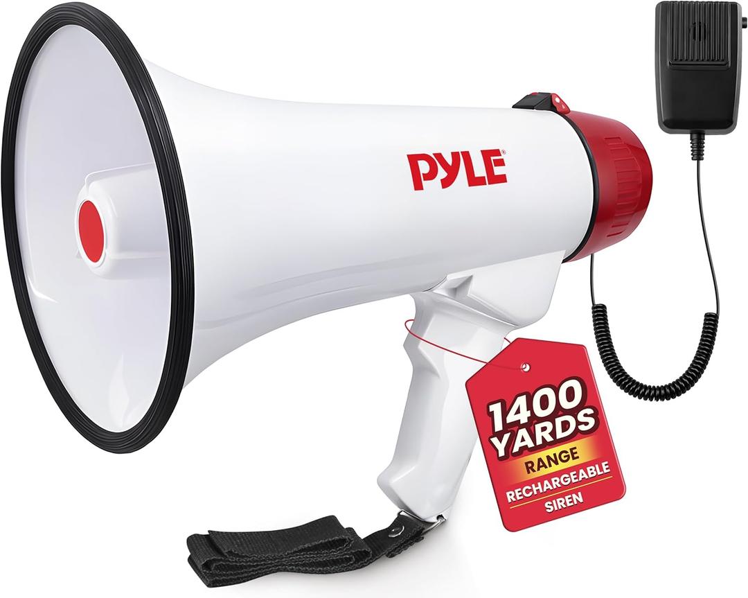 Pyle Megaphone Speaker PA Bullhorn - with Built-in Siren Rechargeable Battery, Auxiliary Jack 40 Watts & 1000 Yard Range - Record Function Ideal for Football, Baseball, Basketball Cheerleading Fans and Coaches or for Safety Drills - PMP48IR
