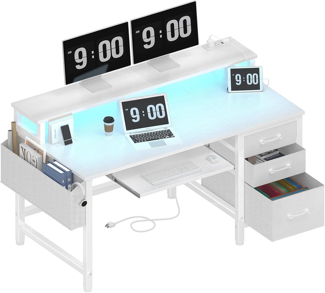 Lufeiya Gaming Desk with LED Lights and Power Outlets, 47 Inch Home Office Desks with Keyboard Tray, White Computer Desk with File Drawers Cabinet, Writing Table PC Desks with Monitor Stand, White, 47.2"