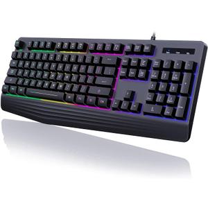 yesbeaut Gaming Keyboard, 7-Color Rainbow LED Backlit, 104 Keys Quiet Light Up Keyboard, Wrist Rest, Whisper Silent, Anti-ghosting Multimedia Keys, Waterproof USB Wired Keyboard for PC Mac Xbox