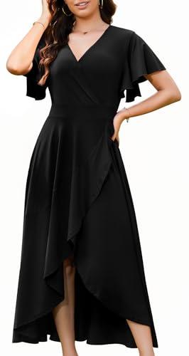WEACZZY Formal Dresses for Women Gowns Evening Party Cocktail Dress Long Split Elegant V Neck Wrap Ruffle Wedding Guest Dresses, Black, L