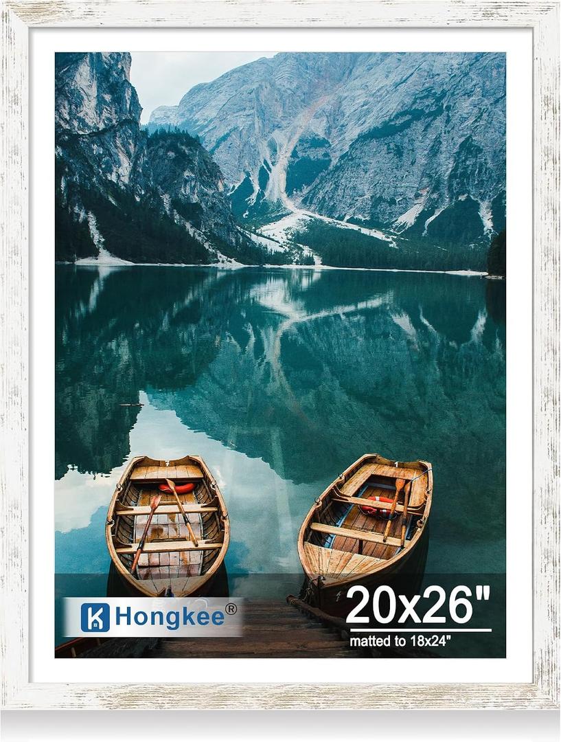 Hongkee 20x26 Picture Frame, Distressed White Wood Style, Wall Mounting