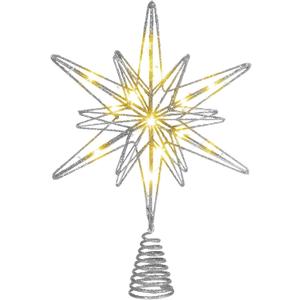 Large Christmas Star Tree Topper with 20 LED Lights 12.5 Inch Star Tree Topper Glitter Sparkle Xmas Treetop Ornament for Home Holiday Party Decorations (Silver)