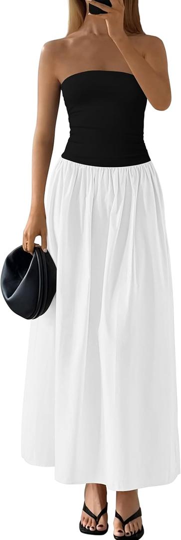 PRETTYGARDEN Women 2025 Summer Elegant Strapless Maxi Dress Tube Top Dress A Line Flowy Long Wedding Party Cocktail Dresses, Size: Large