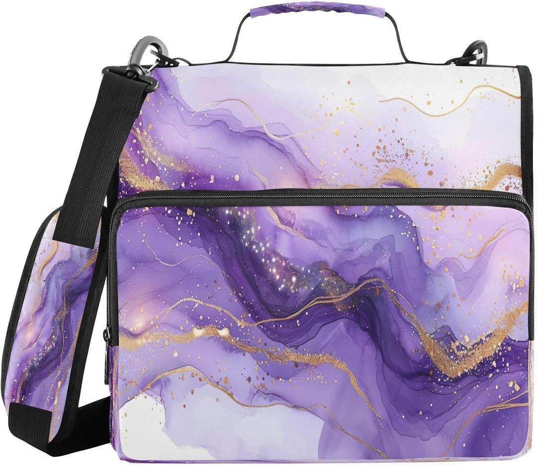 Purple Marble Waterproof Zipper Binder with Shoulder Strap, 3-Ring Trapper Keeper with Lay-Flat Design and Multiple Compartments for School & Office, Adults & Kids