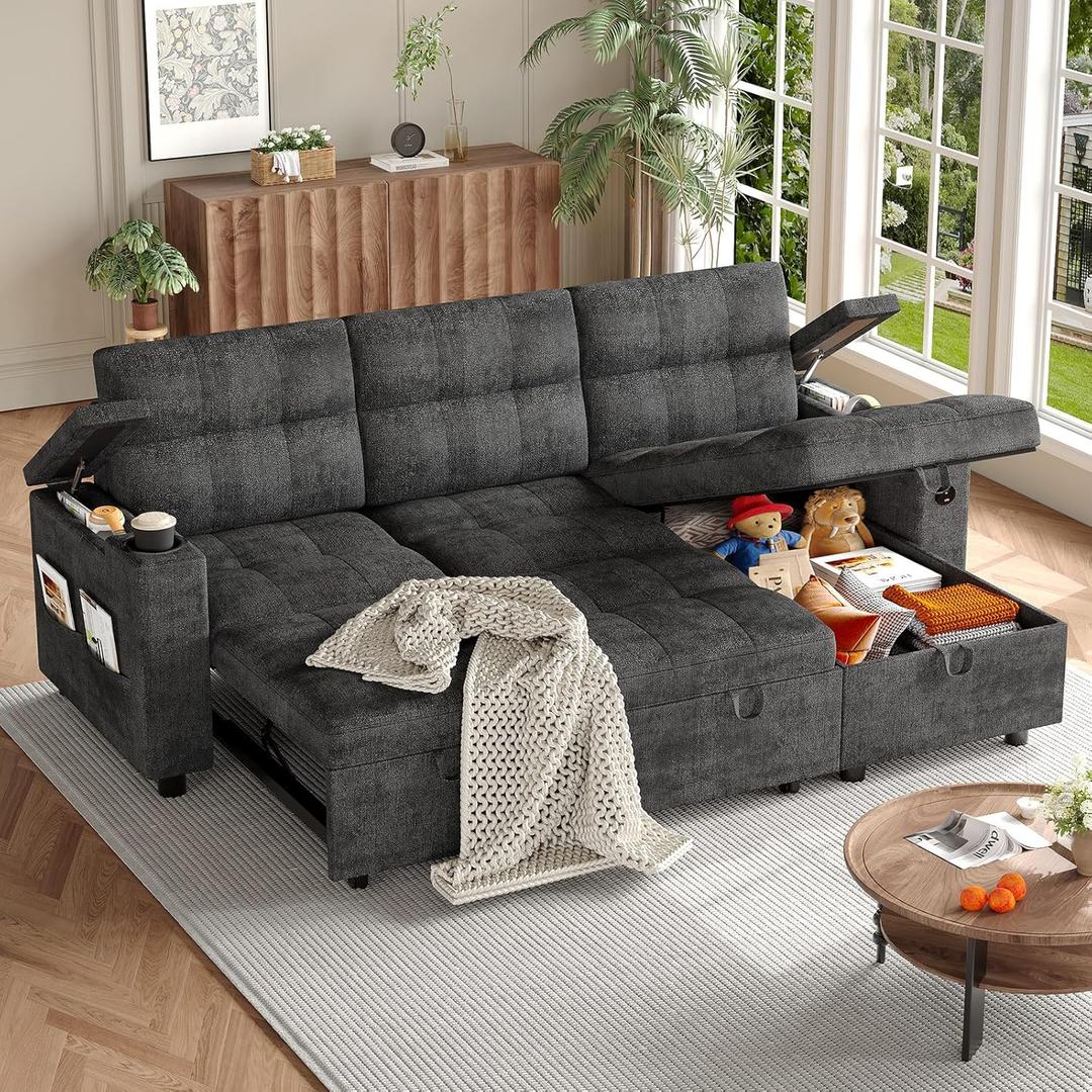 Garvee Couches for Living Room, 84'' Sofa Bedl-Shaped Sectional Sleeper Sofa with Pull Out BedReversible Storage Chaises Hidden Storage ArmrestsCup Holders & USB Charging Ports (84" Dark Grey)