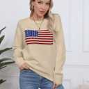 Womens American Flag Sweater Long Sleeve Crew Neck Knitted Casual Pullover Sweater (M)
