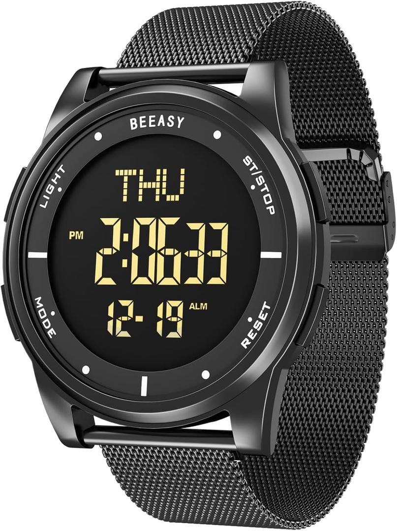Beeasy Digital Watch Waterproof with Stopwatch Alarm Countdown Dual Time, Ultra-Thin Super Wide-Angle Display Digital Wrist Watches for Men Women (All Black)