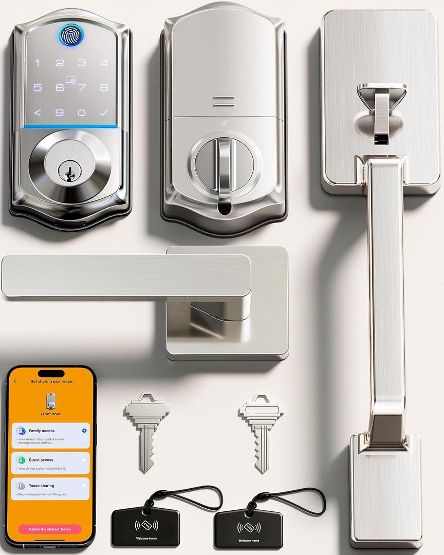 Veise VE017-D Smart Fingerprint Front Door Lock Set, App Control, 8-in-1 Keyless Entry Deadbolt with Lever Handle, Touchscreen Keypad, IP55 Weatherproof, Auto Lock, Easy Install, Satin Nickel