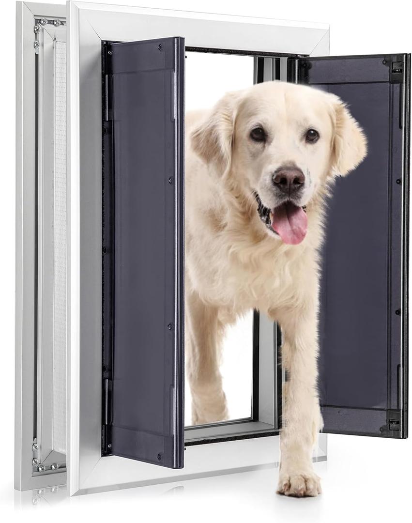 Aluminum Pet Door with Panels,Durable Dog Door with Automatic Closing Magnetic Flaps, Slide-in Panel & 4 Security Locks, Ideal for Interior and Exterior Doors, Screen and Wall, Medium, Sliver