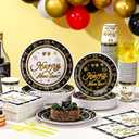 Mimorou 400 Pcs Happy New Year Disposable Tableware Set Black Gold Clock Paper Plates Napkins Cups Plastic Spoons Forks Knives New Year Eve Party Dinnerware Set for Christmas Lunar Years Party