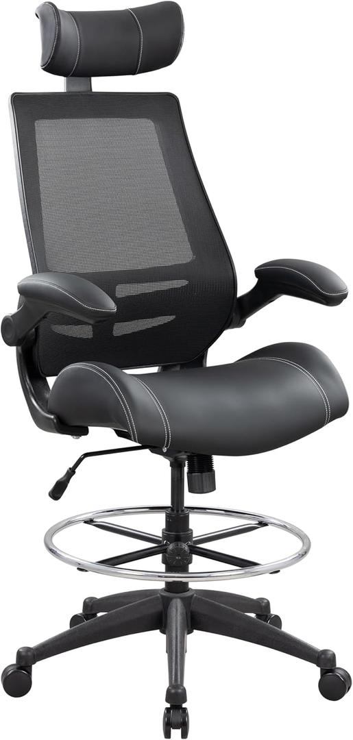 BOLISS Ergonomic Drafting Chair with 4-Level Adjustable Headrest Tall Standing Desk Stool with Soft Microfiber Leather Seat, Breathable Mesh Back, 90 Flip-Up Arms, and Adjustable Foot Ring (BLS-2818HD)
