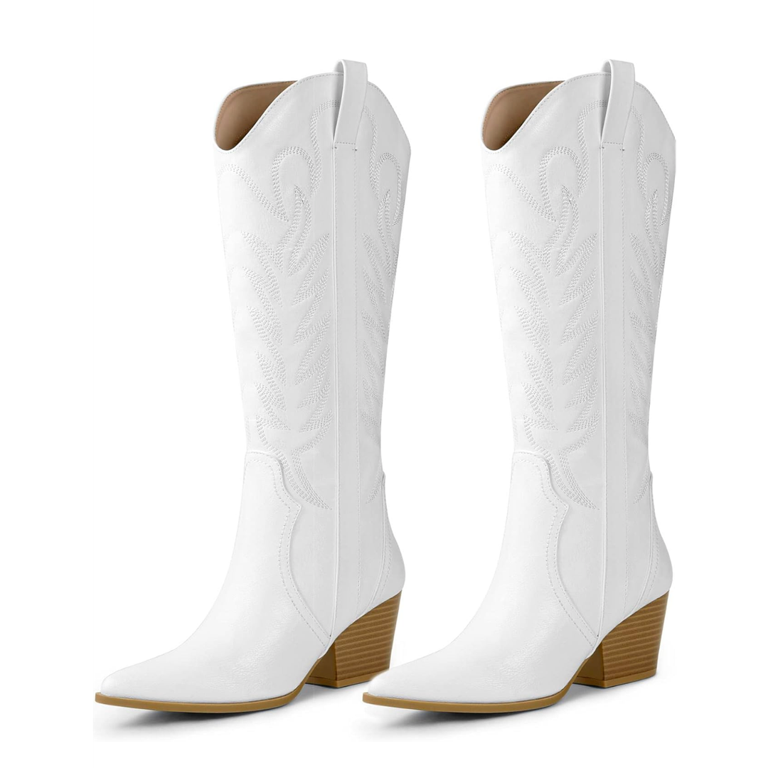 Arromic Cowboy Boots for Women Comfortable Women's Embroidered Western Cowgirl Knee High Boots Pointed Toe Zipper Chunky Heel Country Outfit Retro Tall Boots 11