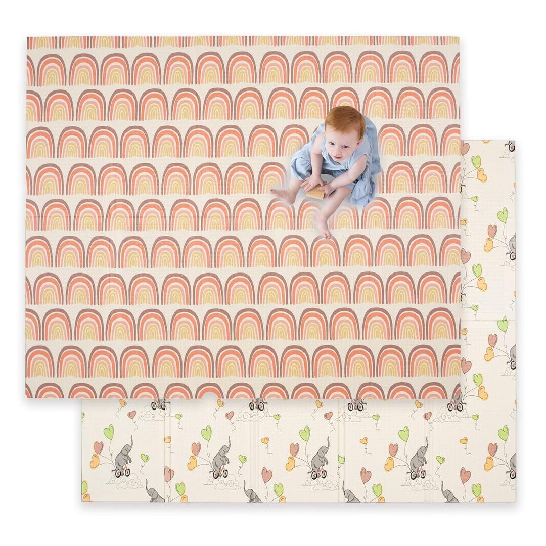 JumpOff Jo Baby Play Mat - Large Folding Foam Play Mat for Infants, Babies, Toddlers, Waterproof, Double-Sided (70" x 59") - Elephant & Rainbow