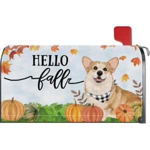 Hello Fall Corgi Dog Pumpkin Mailbox Cover Magnetic Standard Size 21x18 Inch Autumn Decorative Post Letter Box Wrap Decor Garden Yard Decoration