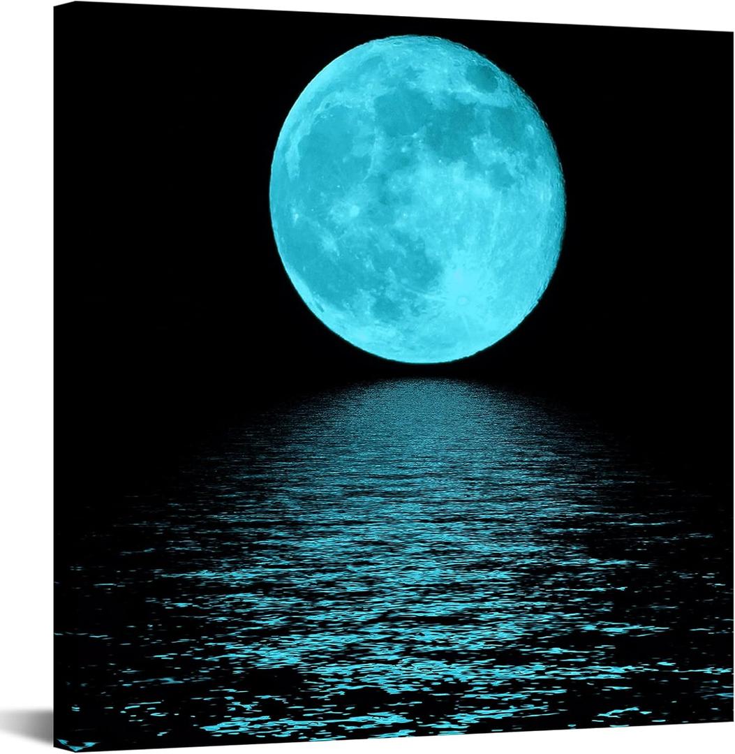 Conipit Moon Wall Art Teal Blue Framed Canvas 20''x20'' Full Moon Picture Blue Night Seascape Artwork Office Home Decoration Framed
