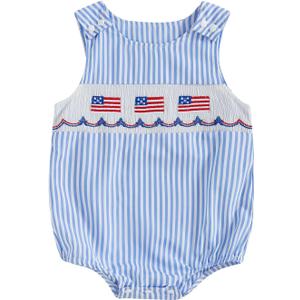 Adobabirl Baby 4th of July Outfit Boy Girl American Flag Bubble Romper Smocked Overalls Newborn Fourth of July Clothes (Blue, 0-3 Months)