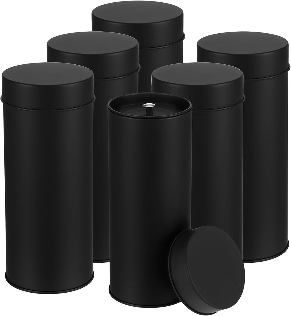 6 Pack Tea Tin Canister with Airtight Double Lids, 21 Fl Oz Tin Can Box and Large Round Kitchen Canisters for Loose Tea, Coffee, Candy and Spices(Black)
