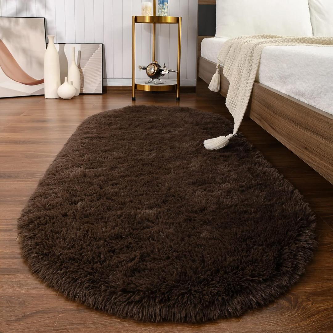 Softlife Oval Fluffy Rugs for Bedroom, 2.6 x 5.3 Feet Shag Cute Area Rug for Girls and Kids Baby Room Home Decor, Indoor Carpet for Nursery Dorm Living Room (Coffee)