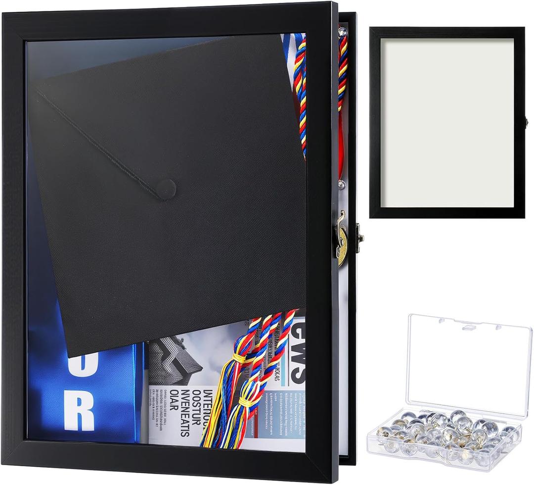 DoubleFill Graduation Shadow Box, 16 x 20 Inch Large Graduation Shadow Frame with Glass Window and Metal Lock, for Graduation Keepsake Memorabilia Pictures Flowers Medals Tickets