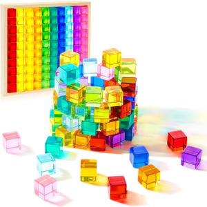 Meooeck 60 Pcs Colored Acrylic Gem Cube Blocks, Translucent Rainbow Building Stacking Cube Educational Sensory Train Toy with Wooden Storage Box for Toddler Kid Montessori Christmas Stocking Stuffer