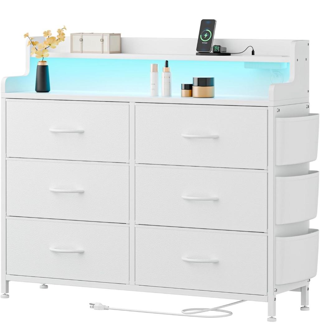 Lulive White Dresser for Bedroom 6 Drawers - Fabric Dressers for Bedroom with LED Light & Charging Station - Adults Chest of Drawers for Living Room Hallway Closet (White)