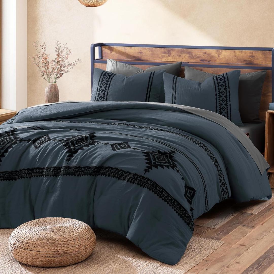 MaiRve Embroidery Queen Size Comforter Set Blue Grey, Boho Farmhouse Western Bedding Set 7 Pieces, All Season Bed in A Bag Comforter Set with Sheets, Pillowcases & Shams