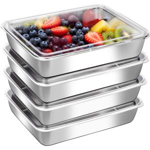 4 Pcs Stainless Steel Food Containers with Clear Lids, Stackable Snack Storage Boxes, Deli Meat Keeper for Refrigerator or Picnic, BBQ Party, Office, Gym Lunch